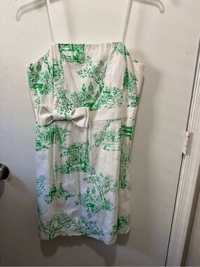 Lilly Pulitzer Resort White Dress with Green Print and Cream Trim 12